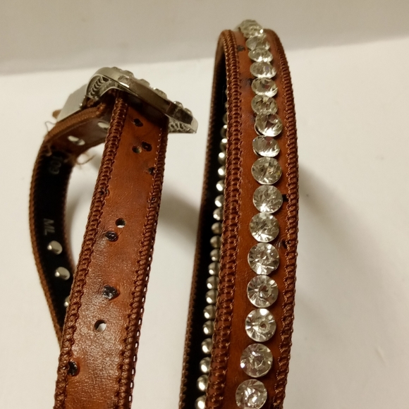 Narrow Camel Brown Genuine Leather Belt, Decorated with Clear Rhinestones, ML